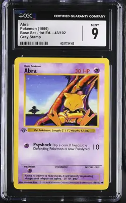 CGC 9 MINT Abra 1999 Base Set 1st Edition 43/102 Gray Stamp Pokemon Card - Image 1