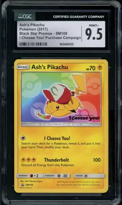 CGC 9.5 MINT+ Ash's Pikachu SM108 PROMO Pokemon Card - Image 1