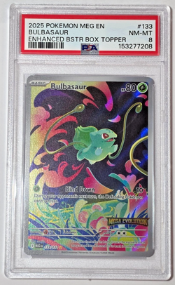 Bulbasaur 133/132 Mega Evolution Stamped Box Topper Promo PSA 8 Pokemon IR Holo - Image 1