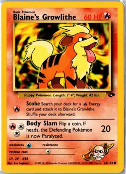 Pokemon Card - Blaine's Growlithe 62/132 Gym Challenge Common Unlimited MP - Image 1