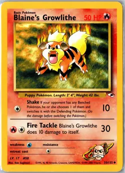 Pokemon Card - Blaine's Growlithe 35/132 Gym Heroes Uncommon Unlimited MP - Image 1