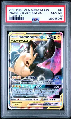 2019 POKEMON SUN & MOON TEAM UP #33 PIKACHU & ZEKROM GX PSA 10 - Image 1