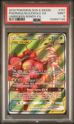 2019 POKEMON SUN & MOON UNBROKEN BONDS 191 FA PHEROMOSA & BUZZWOLE GX PSA MINT 9 - Image 1