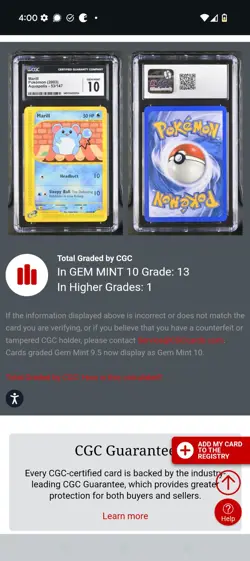 (POP 13) CGC 10 GEM MINT Marill Aquapolis 53/147 Pokemon English 2003 Card - Image 4