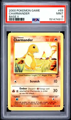2000 Pokemon Base Set 2 Charmander Card # 69/130 PSA 9 Mint Base II - Image 1