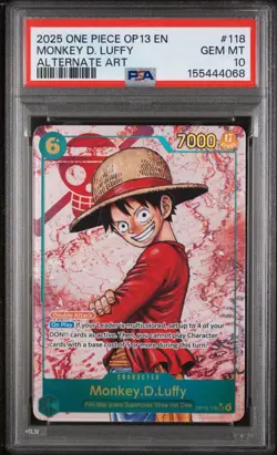 One Piece CCG 2025 Op13 EN Monkey D Luffy #118 ALT ART PSA 10 - Image 1