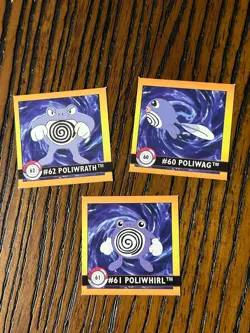 Pokemon 1999 Artbox Series 1 Stickers Poliwag Poliwrath full evolution rare set - Image 1
