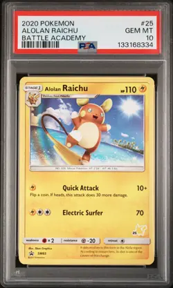 2020 POKEMON BATTLE ACADEMY #25 ALOLAN RAICHU PSA 10 - Image 1
