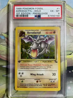 1999 Pokemon Fossil Aerodactyl Holo 1st Edition Prerelease #1 PSA 6 - Image 1