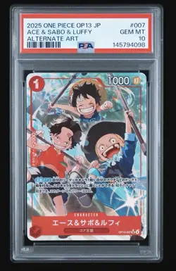 2025 ONE PIECE OP13 JAPANESE ACE & SABO & LUFFY ALTERNATE ART OP13-007 PSA 10 - Image 1
