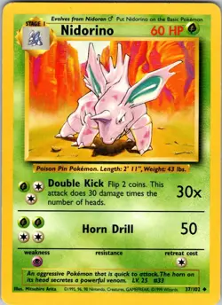 Nidorino 37/102 Uncommon Base Set Unlimited Pokemon Lightly Played - Image 1