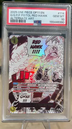 2025 One Piece OP11 EN G/G F/F Pistol Red Hawk Alternate Art 114 PSA 10 GEM MINT - Image 1