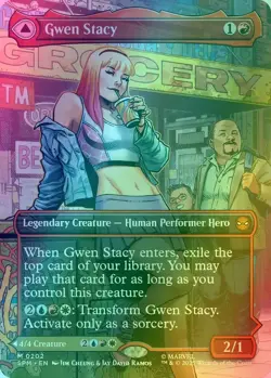 Gwen Stacy Ghost-Spider - FOIL BORDERLESS SCENE CARD NM (MTG Spider-Man 202) - Image 1