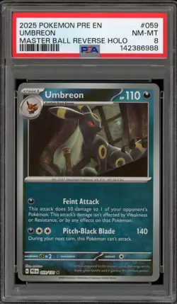 Pokemon Umbreon Prismatic Evolutions Master Ball Reverse Holo #059 PSA 8 - Image 1