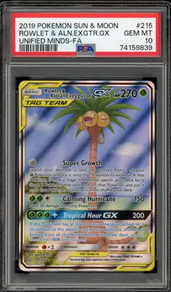 Pokemon Rowlet & Alolan Exeggutor GX Unified Minds Full Art #215 PSA 10 Gem Mint - Image 1