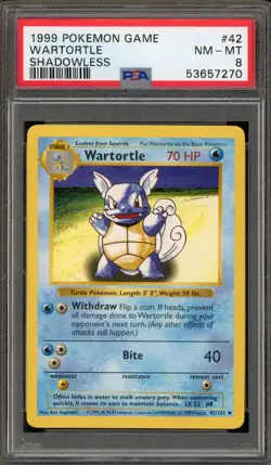 Pokemon Wartortle Base Set Shadowless #42 PSA 8 - Image 1