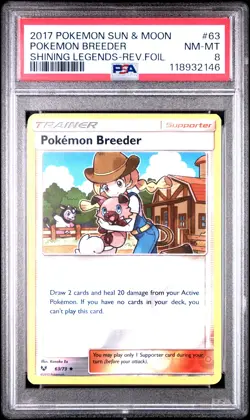 2017 POKEMON SUN & MOON SHINING LEGENDS #63 POKEMON BREEDER-REVERSE FOIL PSA 8 - Image 1