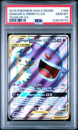 2019 POKEMON SUN & MOON TEAM UP #164 FULL ART/GENGAR & MIMIKYU GX PSA 10 - Image 1