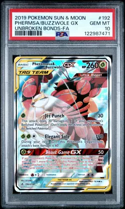 2019 POKEMON SUN & MOON UNBROKEN BONDS FULL ART/PHEROMOSA & BUZZWOLE GX PSA 10 - Image 1