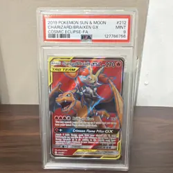 PSA 9 Charizard & Braixen 212/236 Cosmic Eclipse FA Tag Team GX Pokemon TCG Card - Image 1