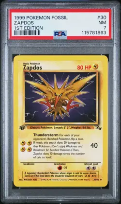 1999 POKEMON FOSSIL 1ST EDITION #30 ZAPDOS PSA 7 - Image 1