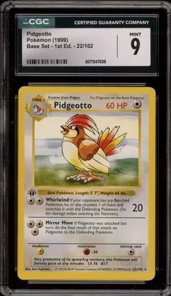 Pokemon Pidgeotto Base Set Shadowless 1st Edition Rare #22 CGC 9 Mint - Image 1