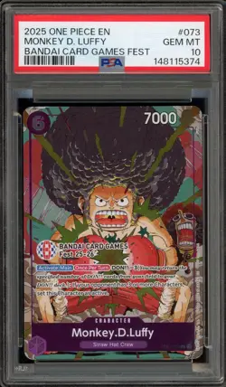 One Piece CCG Monkey.D.Luffy Bandai Card Games Fest 25-26 OP07-073 PSA 10 - Image 1