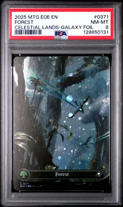 2025 MTG EDGE OF ETERNITIES CELESTIAL LANDS-GALAXY FOIL #0371 FOREST PSA 8 - Image 1