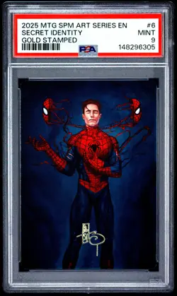 2025 MTG MARVEL'S SPIDER-MAN ART SERIES GOLD STAMPED #6 SECRET IDENTITY PSA 9 - Image 1