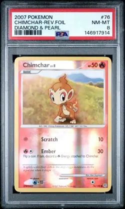 2007 POKEMON DIAMOND & PEARL #76 CHIMCHAR-REVERSE FOIL PSA 8 - Image 1