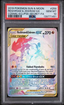 2019 POKEMON SUN & MOON COSMIC ECLIPSE #259 FULL ART/RESHIRAM & ZEKROM GX PSA 10 - Image 1