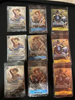 Monkey.D.Luffy P-075, Ace + Sabo One Piece Promotion Cards Foil Sealed All 9 - Image 1