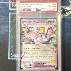 2025 Pokemon Prismatic Evolutions ESPEON EX Surprise Box Stamped #034 PSA 8.5 NM - Image 1