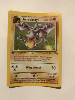 1st Edition Aerodactyl 1/62 PRERELEASE Gold Stamp Fossil Holo 1999 Pokemon Card - Image 1