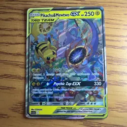 Pikachu & Mewtwo GX Tag Team FAN ART Custom Holo Full Art Pokemon Card - Image 1