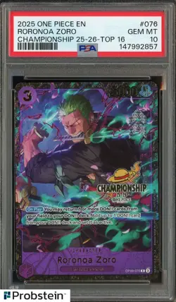 2025 One Piece OP09-076 Roronoa Zoro Top 16 Regional Championship Card PSA 10 - Image 1