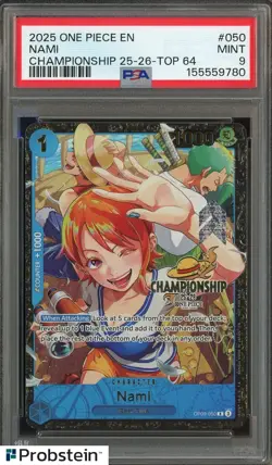 2025 One Piece EN Championship 25-26 Top 64 #050 Nami PSA 9 MINT - Image 1