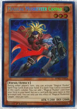 Yugioh 1x Magical Musketeer Caspar SPWA-EN016 Secret Rare 1st Edition NM - Image 2