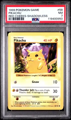 1999 POKEMON GAME 58 PIKACHU RED CHEEKS-SHADOWLESS PSA 7 - Image 1