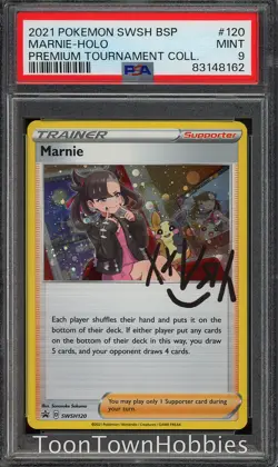 PSA 9 Pokemon Card - Marnie SWSH120 - Premium Tournament Collection Promo - Image 1