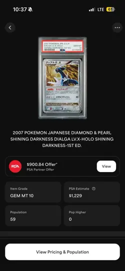 2007 POKEMON JPN DIALGA LV.X-HOLO SHINING DARKNESS-1ST ED PSA 10 GEM MINT - Image 5