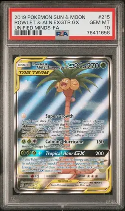2019 POKEMON SUN & MOON ROWLET & ALN.EXGTR.GX UNIFIED MINDS-FA #215 PSA 10 - Image 1