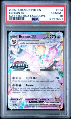 2025 POKEMON PRE EN-PRISMATIC EVOLUTIONS SURPRISE BOX EXCLUSIVE ESPEON EX PSA 10 - Image 1