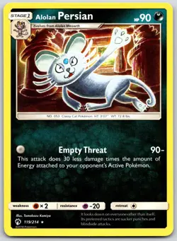 POKEMON LOST THUNDER ALOLAN PERSIAN 119/214 RARE NON HOLO NM - Image 1