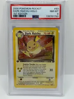 2000 POKEMON ROCKET 1ST EDITION #83 DARK RAICHU-HOLO PSA 8 w/ SWIRL - Image 1