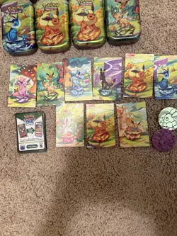 (9) Prismatic Evolutions Mini Tins set, Art Card + Coin NO CARDS Empty - Image 3