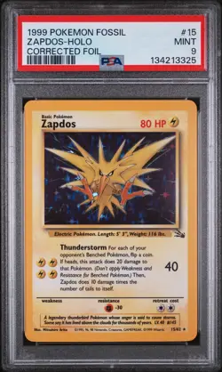 1999 POKEMON FOSSIL CORRECTED FOIL #15 ZAPDOS-HOLO PSA 9 - Image 1