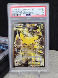 Pokemon Pikachu EX XY124 XY Black Star Promo 2016 Red & Blue Coll Full Art PSA 5 - Image 1