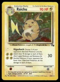 Pokemon Cards Raichu 14/62 Unlimited Holo Fossil WOTC Rare MP - Image 1