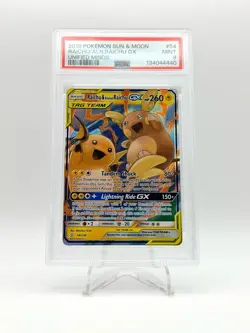 2019 POKEMON UNIFIED MINDS TAG TEAM RAICHU & ALOLAN RAICHU GX 54/236 PSA 9 - Image 1